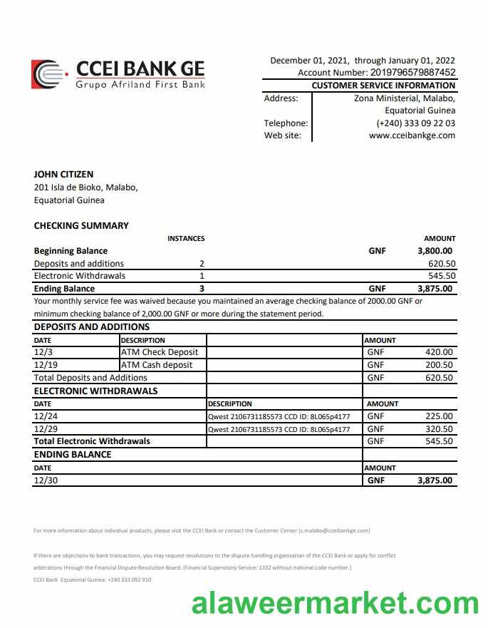 Equatorial Guinea CCEI Bank statement Excel and PDF template